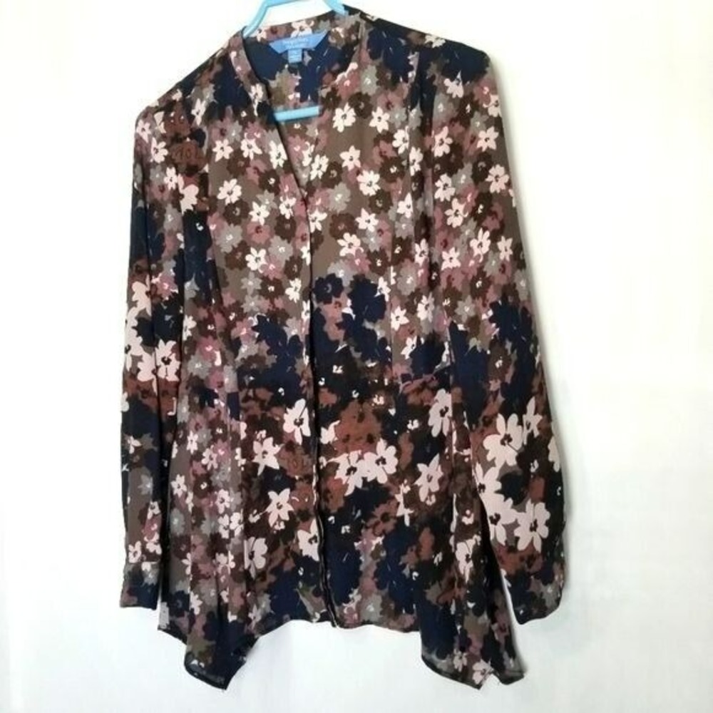 Vera Wang Floral Blouse Long Sleeve Sheer Button Down Casual Top Size S